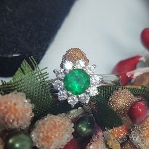 Bright Lab-Created Emerald and CZ Flower/Halo Ring